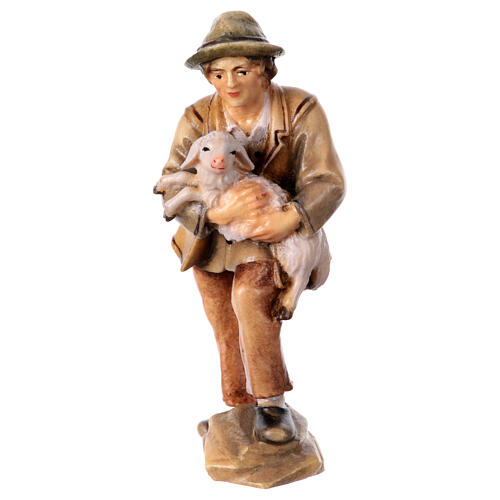 Berger avec agneau pour crèche Original Berger bois peint Val Gardena 10 cm 1