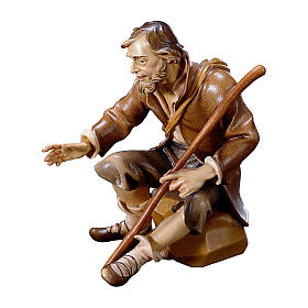 Sitting shepherd with stick Original Pastore Nativity Scene in painted wood from Valgardena 10 cm