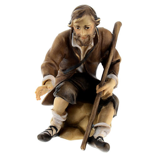 Sitting shepherd with stick Original Pastore Nativity Scene in painted wood from Valgardena 12 cm 1