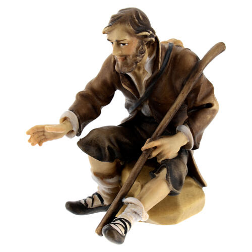 Sitting shepherd with stick Original Pastore Nativity Scene in painted wood from Valgardena 12 cm 2