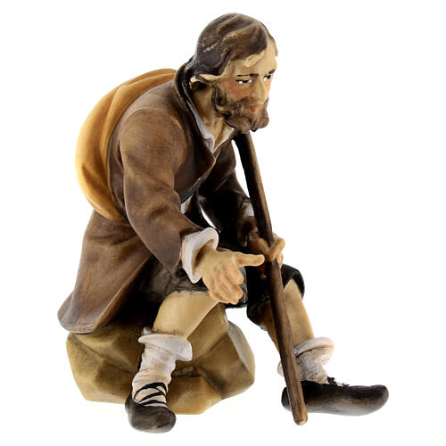 Sitting shepherd with stick Original Pastore Nativity Scene in painted wood from Valgardena 12 cm 3