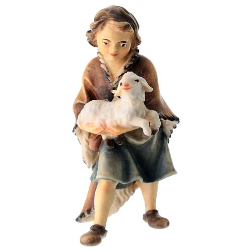 Enfant avec agneau pour crèche Original Berger bois peint Val Gardena de 12 cm 1