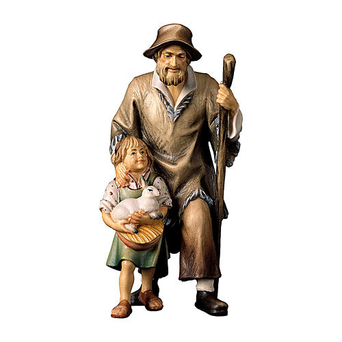 Berger avec petite fille pour crèche Original Berger Val Gardena bois peint de 12 cm 1