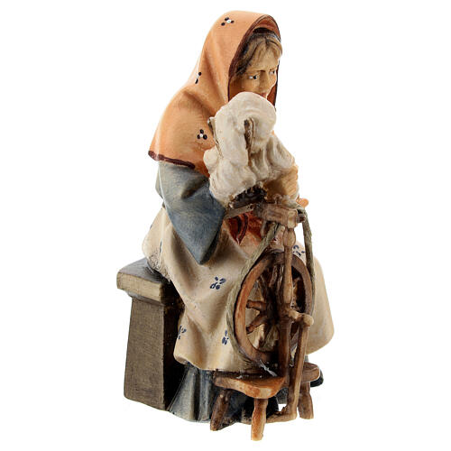 Old countrywoman with spinning wheel Original Pastore Nativity Scene in painted wood from Valgardena 10 cm 3