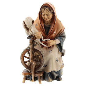 Camponesa idosa com roda de fiar para presépio Original Pastor madeira pintada Val Gardena 10 cm