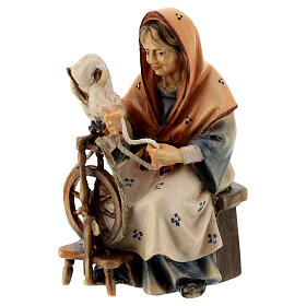 Old Peasant Woman with spinning wheel, 10 cm Nativity Original Shepherd model, in painted Valgardena wood