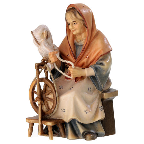 Old countrywoman with spinning wheel Original Pastore Nativity Scene in painted wood from Valgardena 12 cm 2