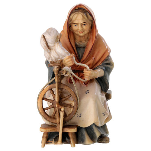 Anziana contadina con filatoio per presepe Original Pastore legno dipinto in Val Gardena 12 cm 1