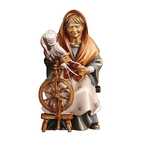 Camponesa idosa com roda de fiar para presépio Original Pastor madeira pintada Val Gardena 12 cm 1