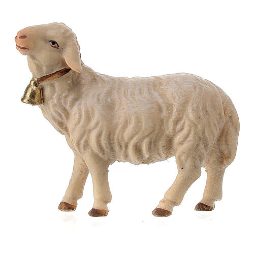 Forward-looking sheep with bell Original Pastore Nativity Scene in painted wood from Valgardena 10 cm 1
