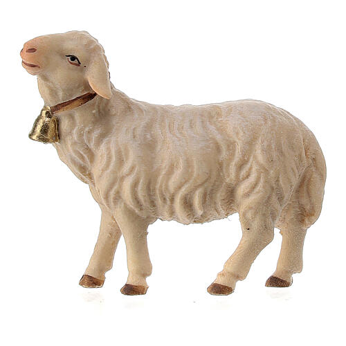 Mouton qui regarde devant avec clochette pour crèche Original Berger Val Gardena bois peint 10 cm 1