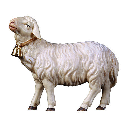 Forward-looking sheep with bell Original Pastore Nativity Scene in painted wood from Valgardena 12 cm 1
