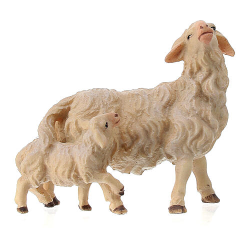 Mouton avec agneau derrière pour crèche Original Berger Val Gardena bois peint 10 cm 1