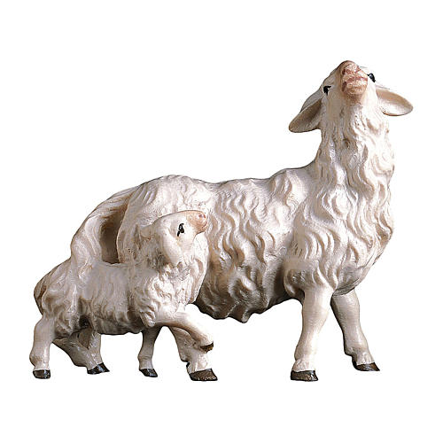 Mouton avec agneau derrière pour crèche Original Berger Val Gardena bois peint de 12 cm 1