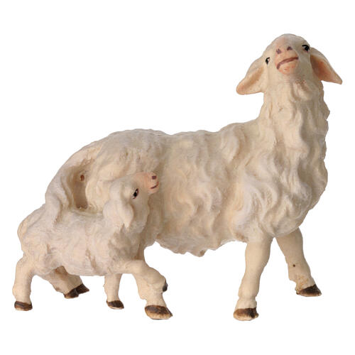 Mouton avec agneau derrière pour crèche Original Berger Val Gardena bois peint de 12 cm 1