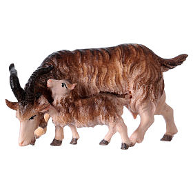 Chèvre avec petit chevreau pour crèche Original Berger bois peint Val Gardena 12 cm