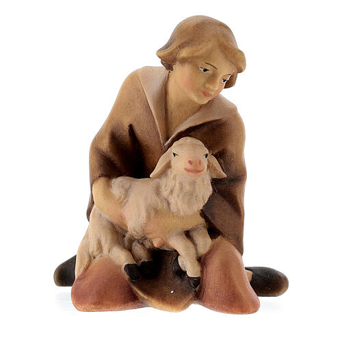 Kneeling shepherd with lamb Original Redentore Nativity Scene in painted wood from Valgardena 10 cm 1