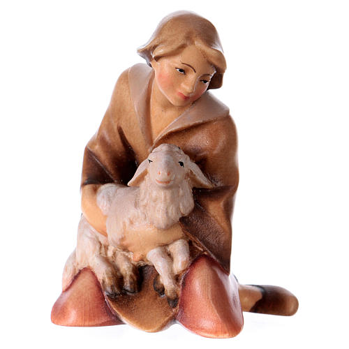 Kneeling shepherd with lamb Original Redentore Nativity Scene in painted wood from Valgardena 12 cm 1