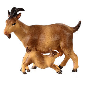 Brown Goat statue with Baby, 12 cm nativity Original Redeemer model, in painted Val Gardena wood