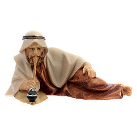 Shepherd Laying with Bamboo Pipe, 10 cm nativity Original Comet model, in painted Val Gardena wood