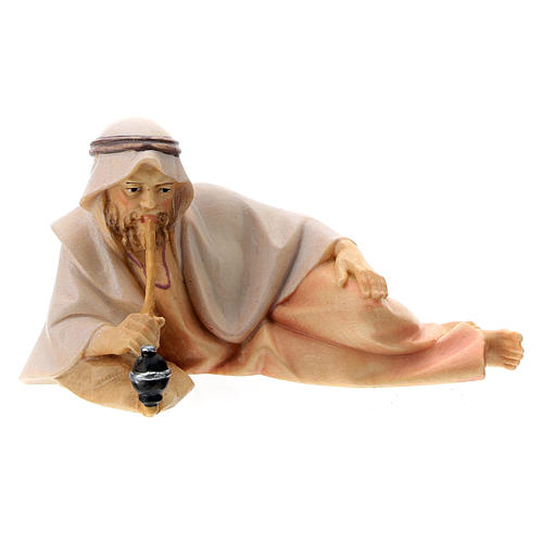 Shepherd laying down with Bamboo Pipe, 12 cm for nativity Original Comet model, in painted Val Gardena wood 1