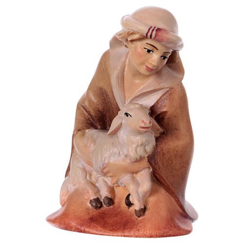 Kneeling shepherd with lamb Original Cometa Nativity Scene in painted wood from Valgardena 12 cm 1