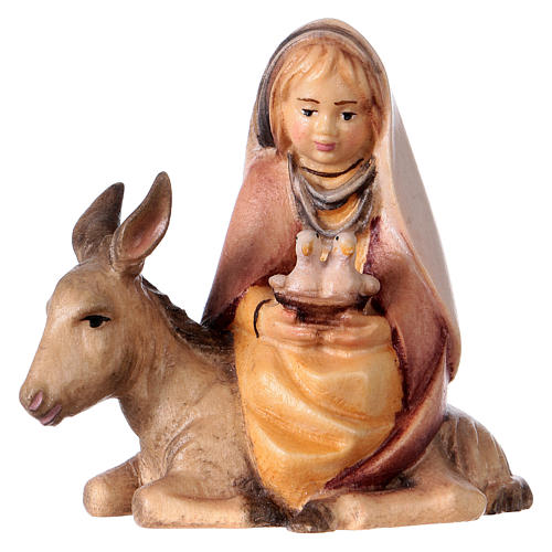 Little girl on donkey with doves Original Cometa Nativity Scene in painted wood from Valgardena 10 cm 1