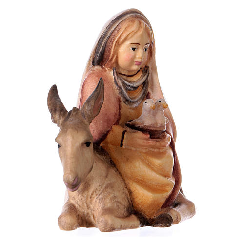 Menina com pombas no burro para presépio Original Cometa madeira pintada Val Gardena 10 cm 3