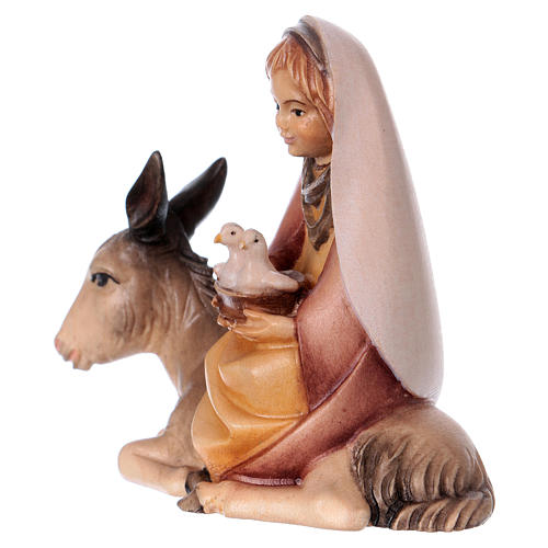 Little girl on donkey with doves Original Cometa Nativity Scene in painted wood from Valgardena 12 cm 2