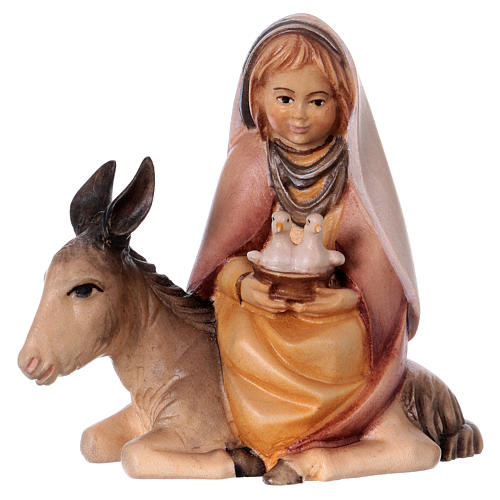 Bambina con colombe su asino per presepe Original Cometa legno dipinto in Valgardena 12 cm 1