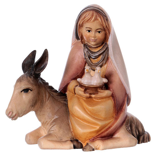 Menina com pombas no burro para presépio Original Cometa madeira pintada Val Gardena 12 cm 1