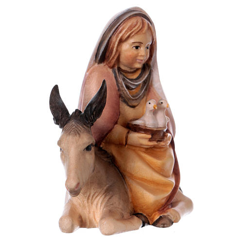 Menina com pombas no burro para presépio Original Cometa madeira pintada Val Gardena 12 cm 3