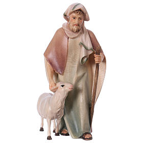 Shepherd with Walking Stick and Sheep, 12 cm nativity Original Comet model, in painted Valgardena wood