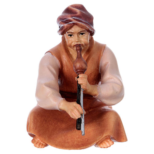 Sitting shepherd with flute Original Cometa Nativity Scene in painted wood from Valgardena 12 cm 1