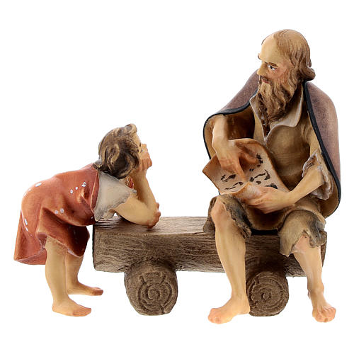 Old man on bench with child Original Nativity Scene in painted wood from Val Gardena 10 cm 1
