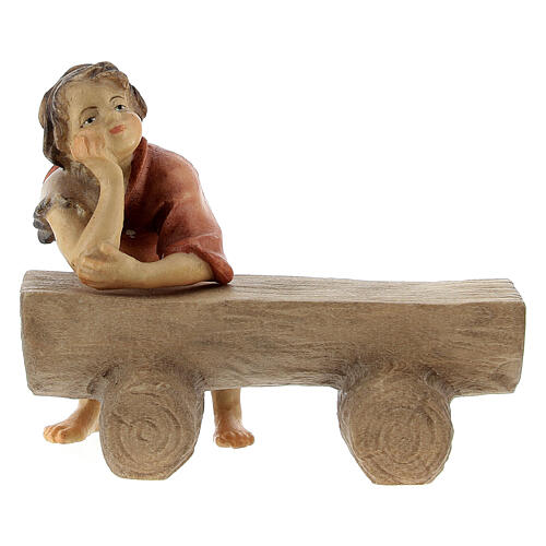Anciano en un banco con niño para belén Original madera pintada en Val Gardena 10 cm de altura media 5