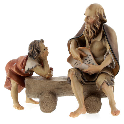 Homem idoso no banco com menino presépio Val Gardena Original madeira pintada 12 cm 1