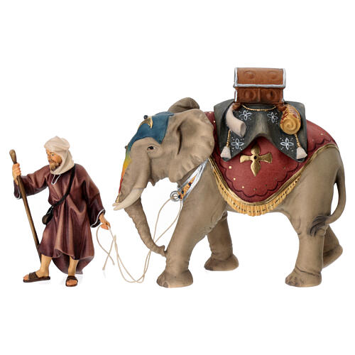 Elefant mit Warenladung und Hirte Mod. Original Grödnertal Holz 12cm 1