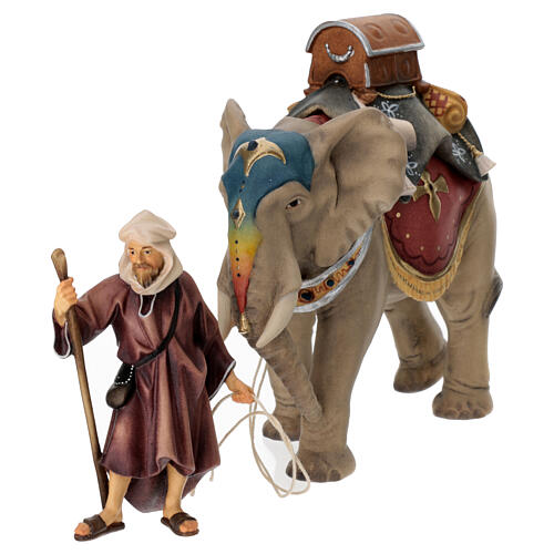 Elefant mit Warenladung und Hirte Mod. Original Grödnertal Holz 12cm 4
