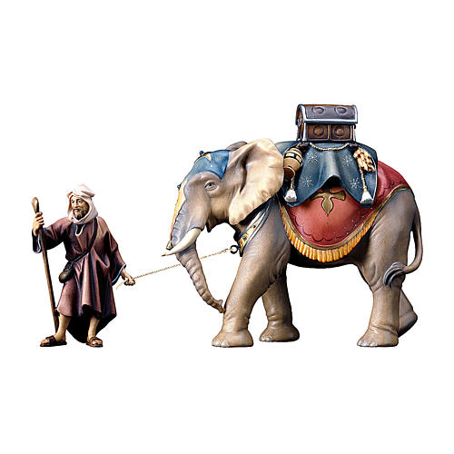 Groupe éléphant chargé et son maître crèche Original bois peint Val Gardena 12 cm 1
