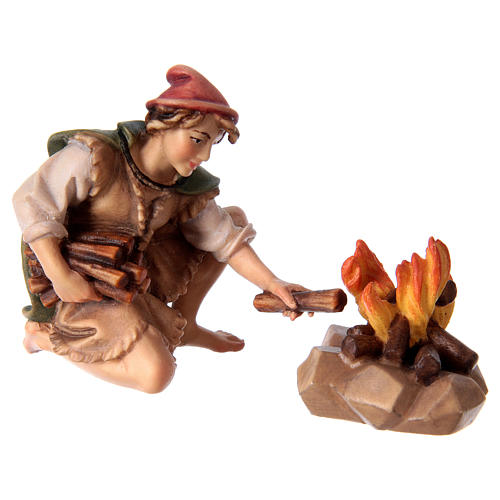 Groupe de bergers au feu de camp crèche Original bois peint Val Gardena 12 cm 2