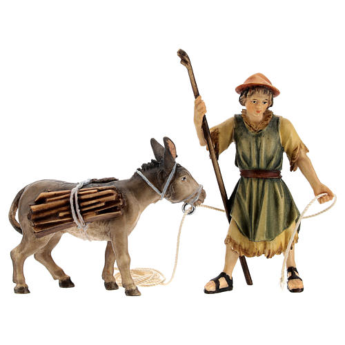 Shepherd Pulling a Donkey with Wood, 10 cm Original Nativity model, in painted Valgardena wood 3