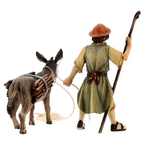 Shepherd Pulling a Donkey with Wood, 10 cm Original Nativity model, in painted Valgardena wood 4