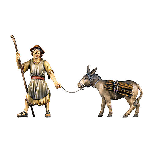 Shepherd pulling a donkey with timber Original Nativity Scene in painted wood from Val Gardena 12 cm 1