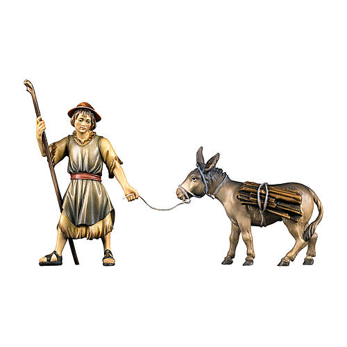 Boy Pulling a Donkey with Wood, 12 cm Original Nativity model, in painte Valgardena wood 1