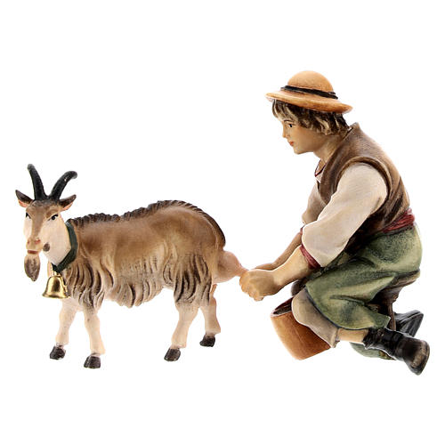Shepherd Milking a Goat, 10 cm Original Nativity model, in painted Valgardena wood 1