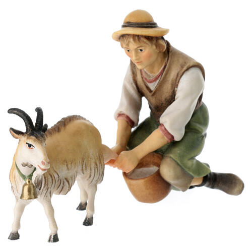 Pastore che munge una capra per presepe Original legno dipinto in Val Gardena 12 cm 3