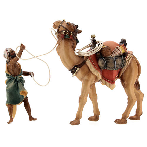 Chamelier avec chameau debout crèche Original bois peint Val Gardena 10 cm 2