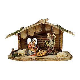Heilige Familie in Hütte mit Schafen 10cm Mod. Original Pastore Grödnertal Holz