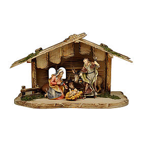Heilige Familie mit Ochse und Esel in Hütte Mod. Original Grödnertal Holz 10cm